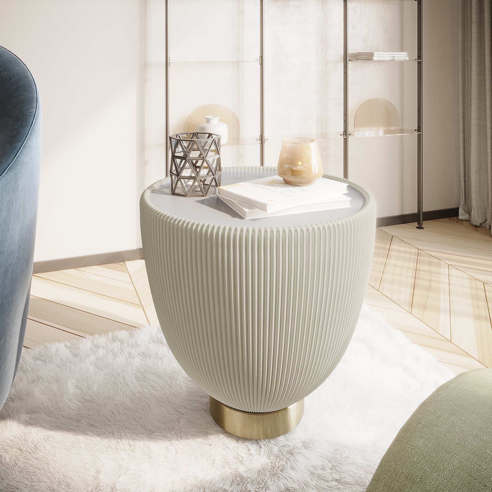 Glalie 47cm Sintered Stone Coffee Table in Cream White features a ribbed urn-like base on a brass pedestal, topped with decor items, set on a plush faux-fur rug in a modern space.