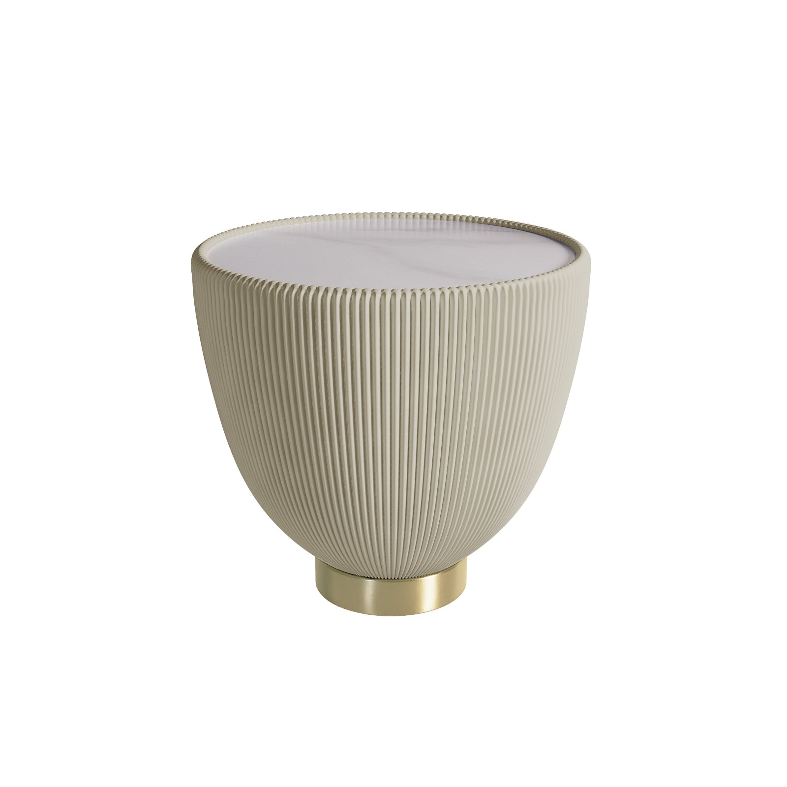 Glalie 47cm Sintered Stone Coffee Table in Cream White, featuring a ribbed ceramic bowl shape, flat opaque top, and small brass-tone base, exuding modern elegance and versatile style.