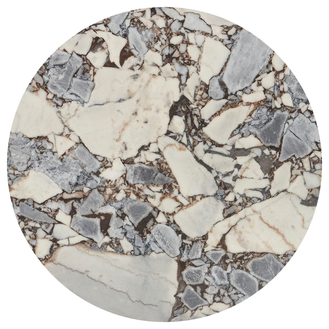 Gracie 120cm Round Marble Dining Table in Black Blue Galaxy, featuring a polished brecciated marble surface with large white and gray fragments, dark veins, and a solid timber base.