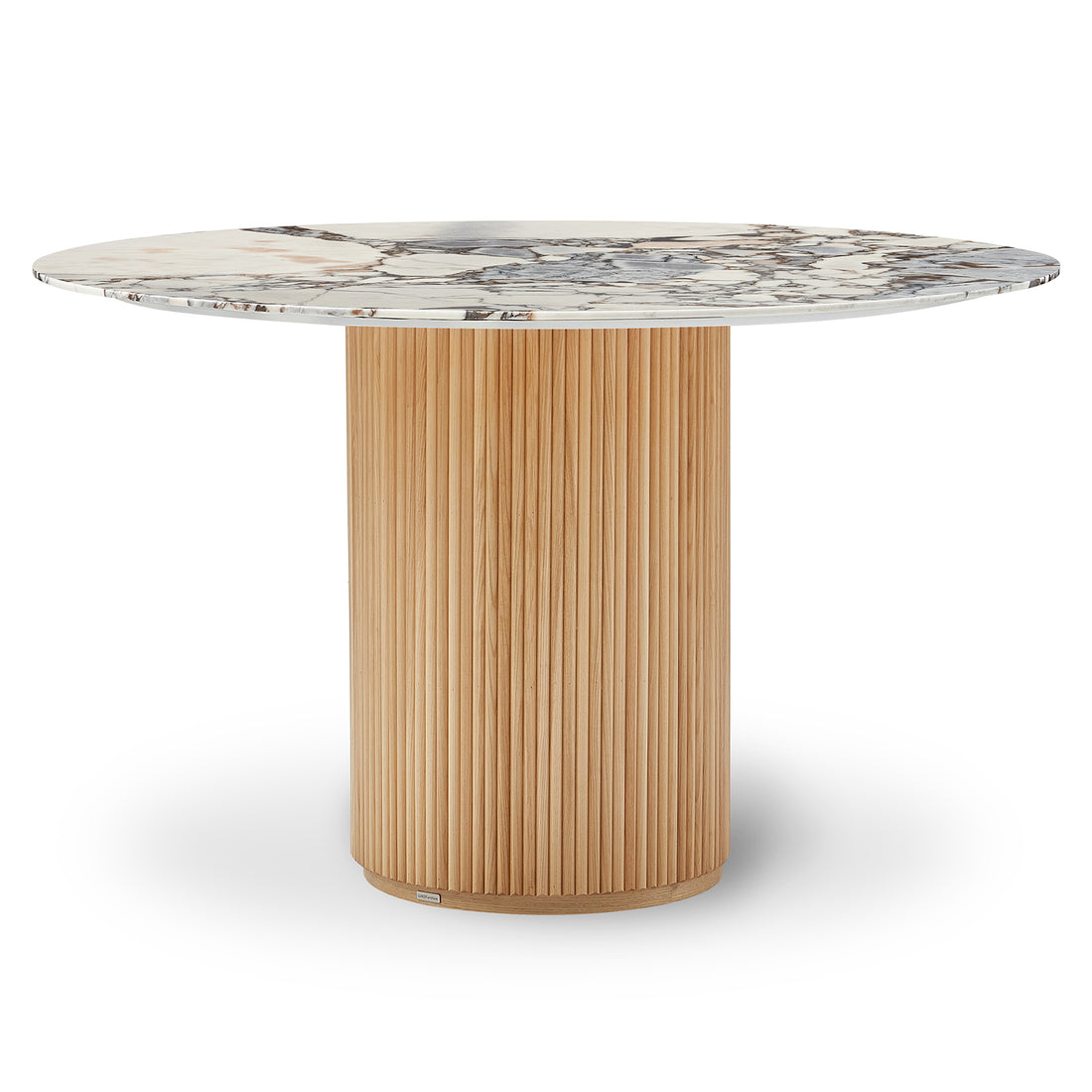 Gracie 120cm Round Marble Dining Table in Natural Blue Galaxy with a veined marble top and cylindrical wooden pedestal base of vertical slats, exuding luxury and stability for dining spaces.
