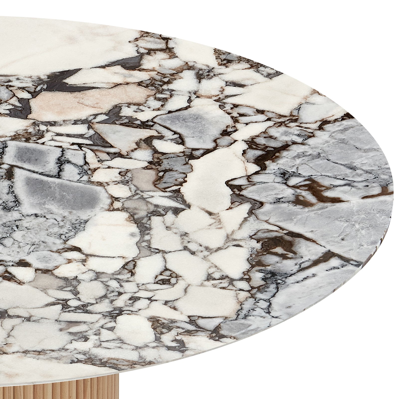 Gracie 120cm Round Marble Dining Table in Natural Blue Galaxy with white and gray veining atop a fluted wooden pedestal, showcasing a luxurious, sturdy design ideal for elegant dining spaces.
