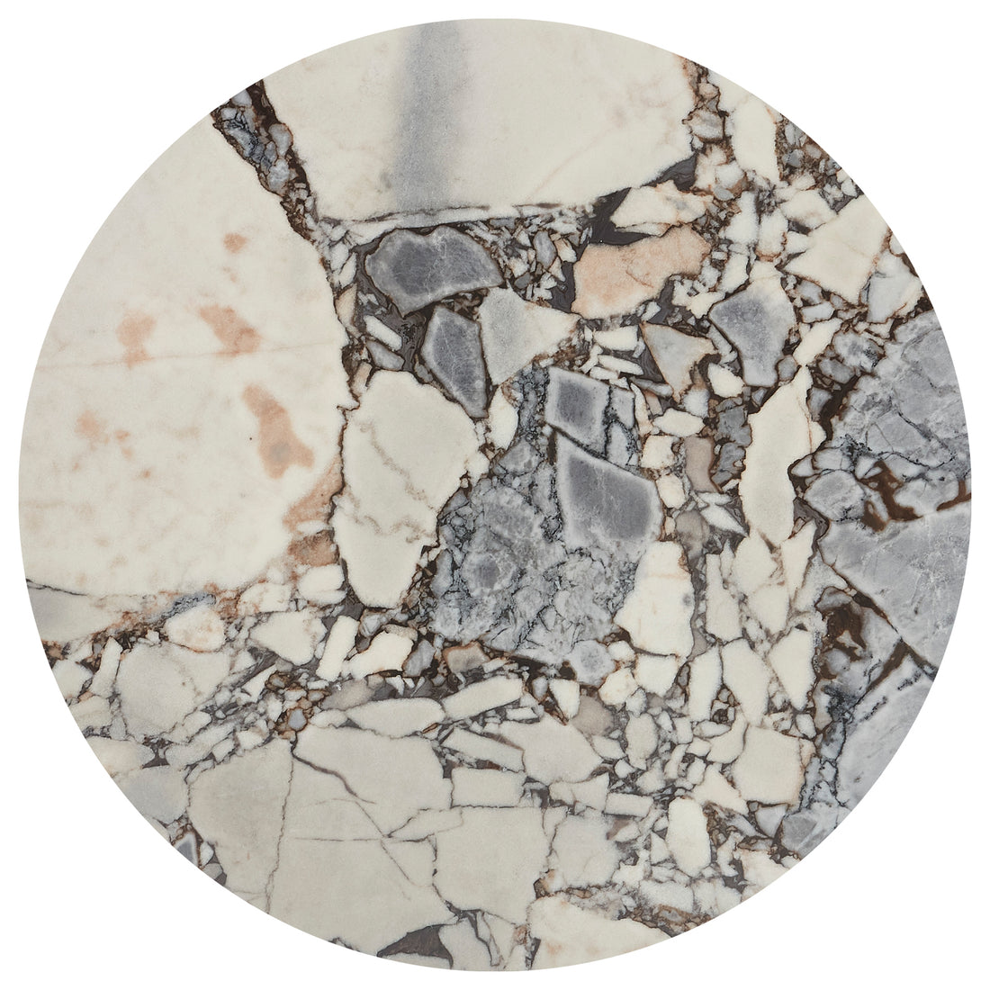 Gracie 120cm Round Marble Dining Table in Natural Blue Galaxy features a polished, brecciated stone top with angular gray and tan fragments in an off-white matrix, showcasing unique veining on a solid timber base.