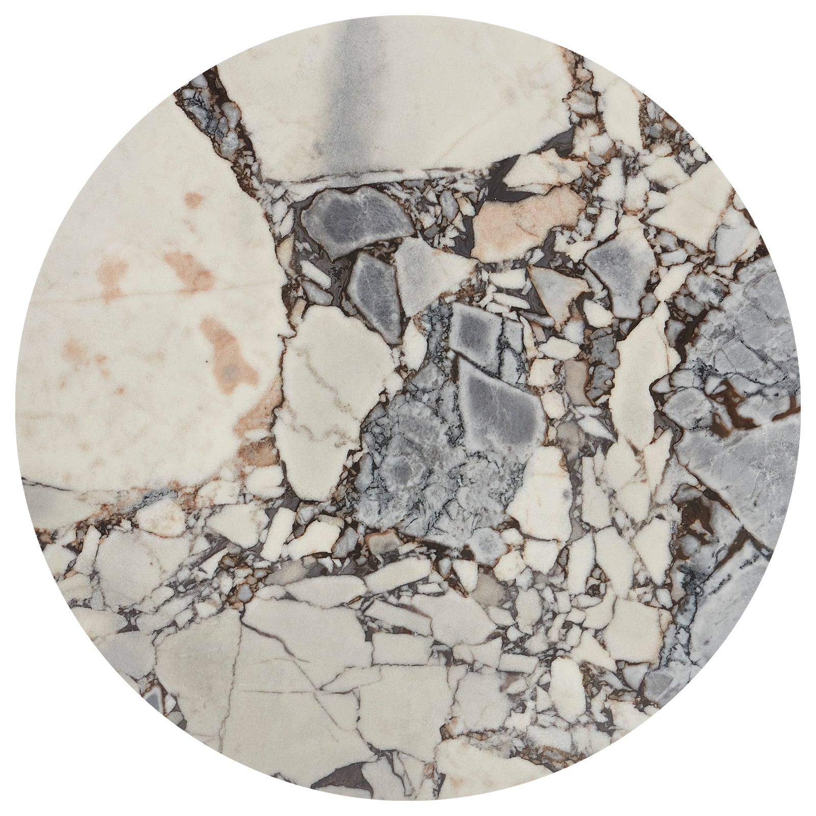 Gracie 120cm Round Marble Dining Table in Natural Blue Galaxy features a polished, brecciated stone top with angular gray and tan fragments in an off-white matrix, showcasing unique veining on a solid timber base.