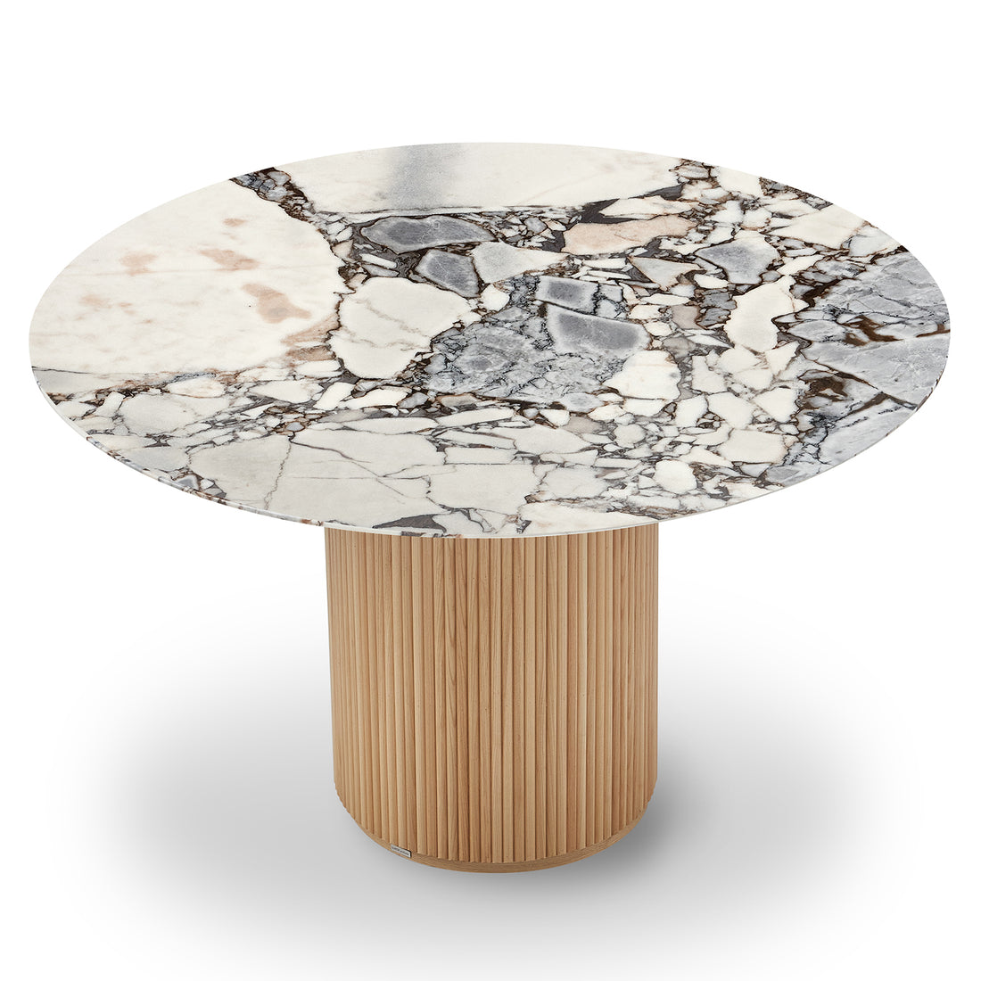 Gracie 120cm Round Marble Dining Table in Natural Blue Galaxy, featuring a white and gray veined marble top on a cylindrical, ribbed light-wood pedestal base.