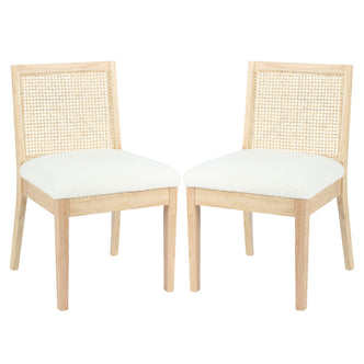Gretel Hardwood & Rattan Dining Chair Set of 2 in Natural; features light-wood frames, woven cane backrests, and plush white upholstered seats, showcasing a blend of modern luxury and timeless craftsmanship.