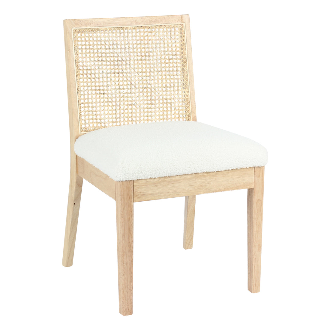 Gretel Hardwood & Rattan Dining Chair Set of 2 in Natural features a light wood frame, woven cane backrest, and off-white bouclé upholstered seat, blending elegance with comfort.