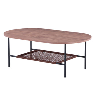 Hakkas Oval Rope Shelf Coffee Table - Walnut, featuring an oval design with a functional under-table rope shelf, supported by sturdy black metal legs, ideal for stylish living room organization.