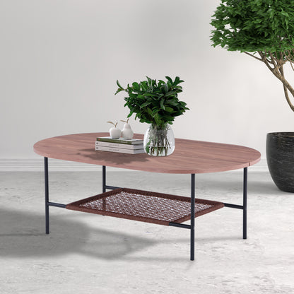 Hakkas Oval Rope Shelf Coffee Table features a modern oval shape with a practical rope shelf beneath for storage, supported by sturdy metal legs, perfect as a stylish living room centerpiece.