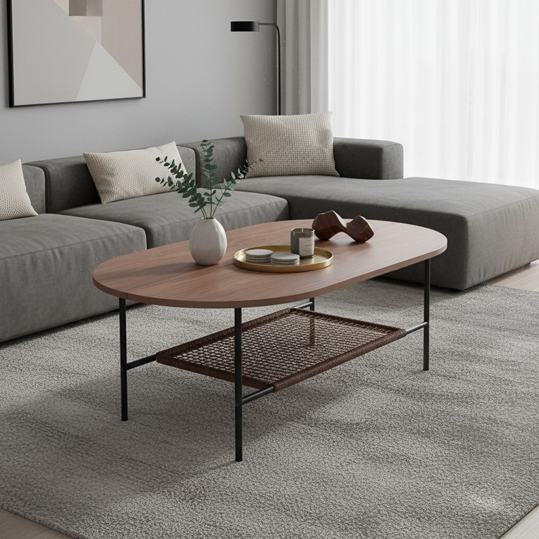 Hakkas Oval Coffee Table with Shelf in Walnut