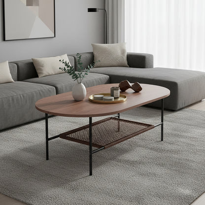 Hakkas Oval Coffee Table with Shelf in Walnut