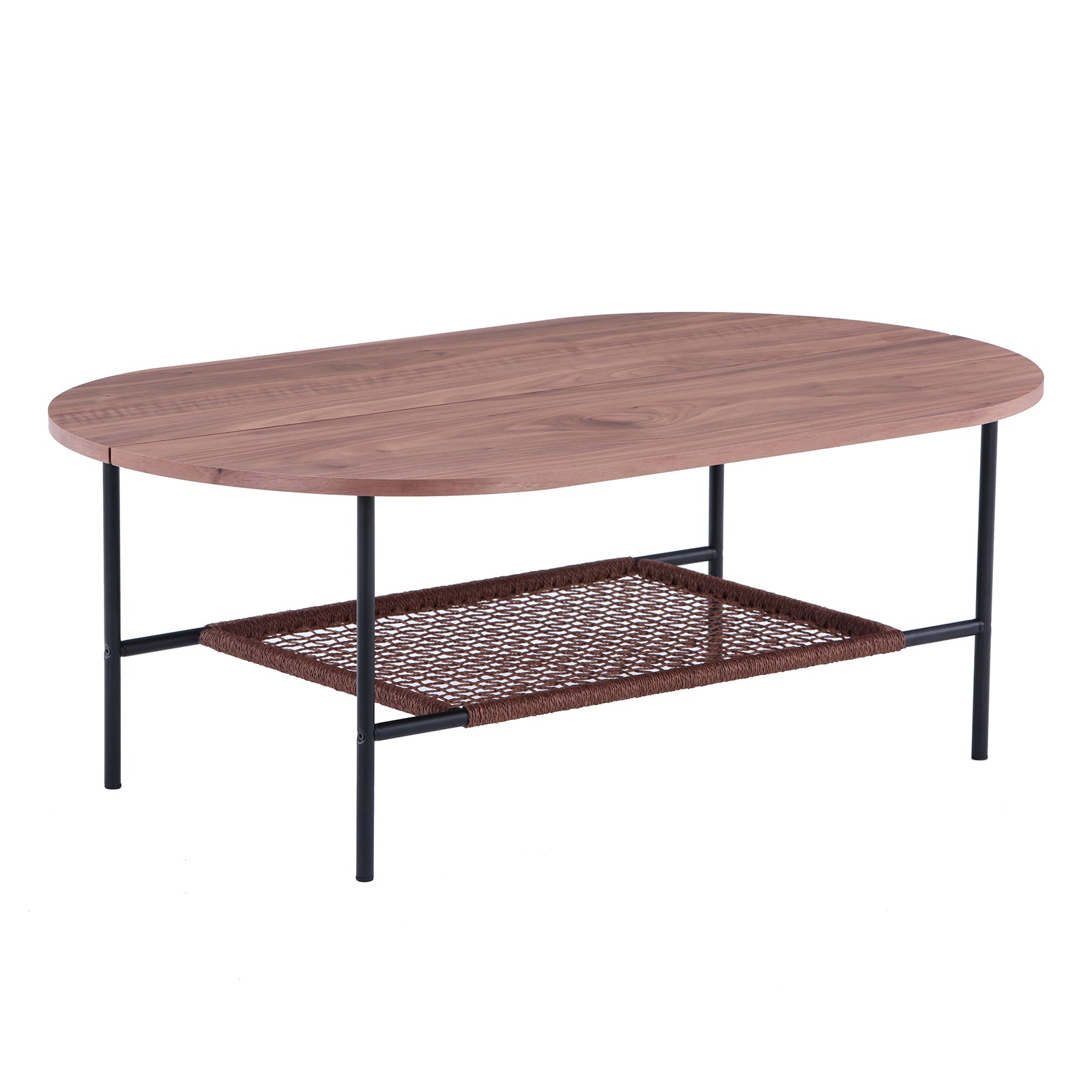 Hakkas Oval Rope Shelf Coffee Table - Walnut featuring a sleek oval design, sturdy metal legs, and a practical rope shelf for storage, perfect as a stylish and functional living room centerpiece.