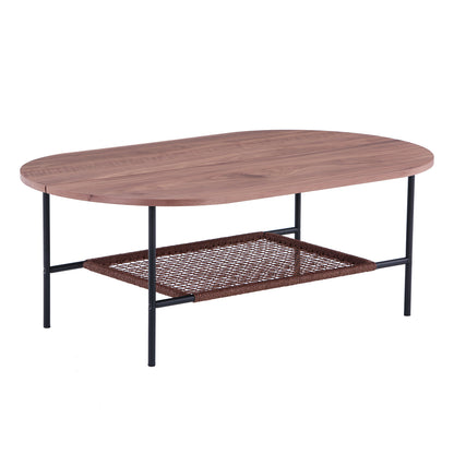 Hakkas Oval Rope Shelf Coffee Table - Walnut featuring a sleek oval design, sturdy metal legs, and a practical rope shelf for storage, perfect as a stylish and functional living room centerpiece.