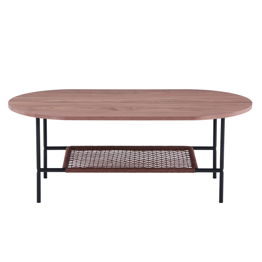 Hakkas Oval Rope Shelf Coffee Table showcasing a sleek modern design with an oval tabletop and integrated rope shelf, emphasizing its functional elegance and sturdy metal legs in a close-up view.