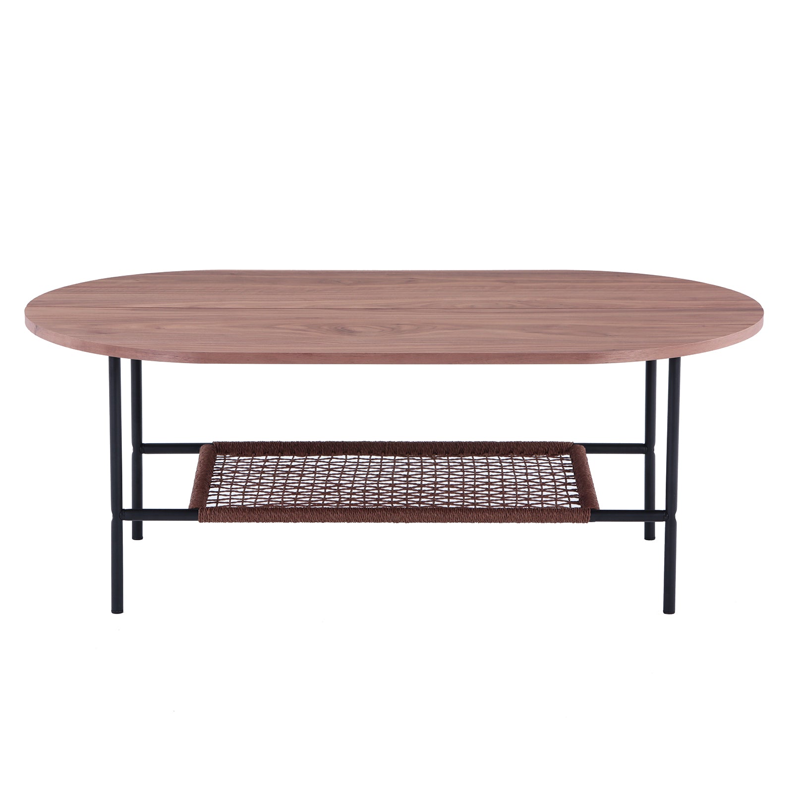 Hakkas Oval Rope Shelf Coffee Table showcasing a sleek modern design with an oval tabletop and integrated rope shelf, emphasizing its functional elegance and sturdy metal legs in a close-up view.