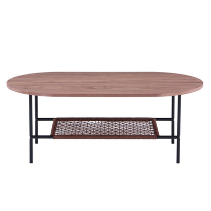 Hakkas Oval Rope Shelf Coffee Table showcasing a sleek modern design with an oval tabletop and integrated rope shelf, emphasizing its functional elegance and sturdy metal legs in a close-up view.