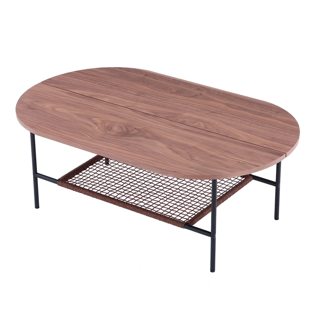 Hakkas Oval Rope Shelf Coffee Table features a sleek wooden top, wire mesh shelf, and sturdy metal legs, showcasing its modern oval design and practical storage solution.