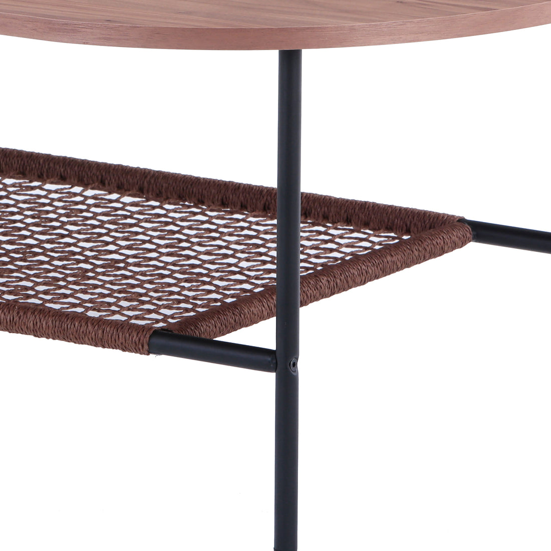 Hakkas Oval Rope Shelf Coffee Table features an elegant oval design with a visible rope storage shelf and sturdy metal legs, emphasizing its modern aesthetic and functionality for living spaces.