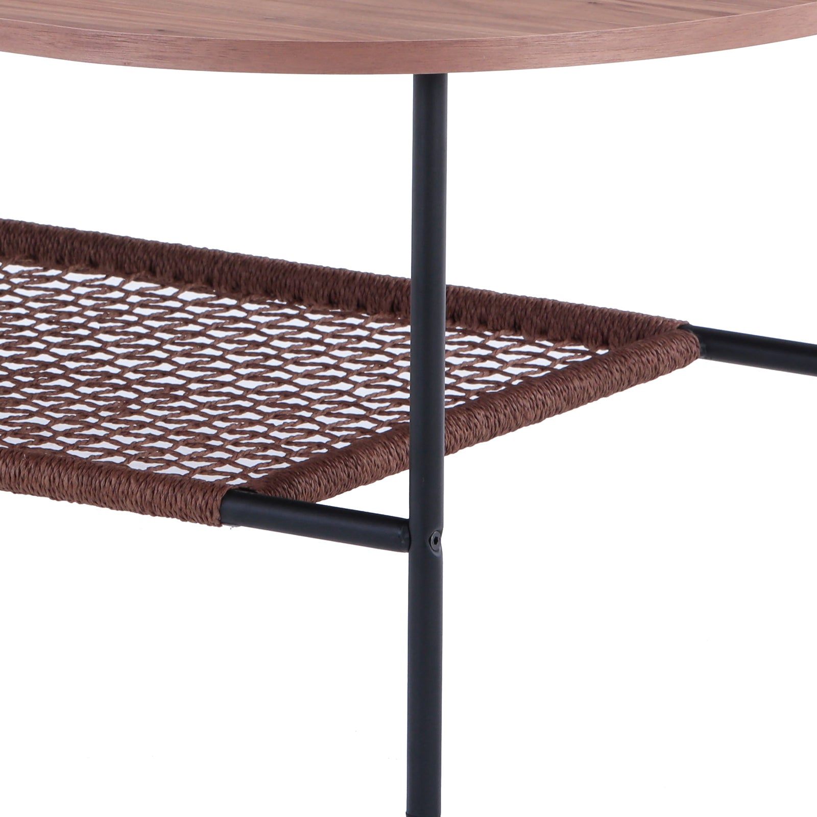 Hakkas Oval Rope Shelf Coffee Table features an elegant oval design with a visible rope storage shelf and sturdy metal legs, emphasizing its modern aesthetic and functionality for living spaces.