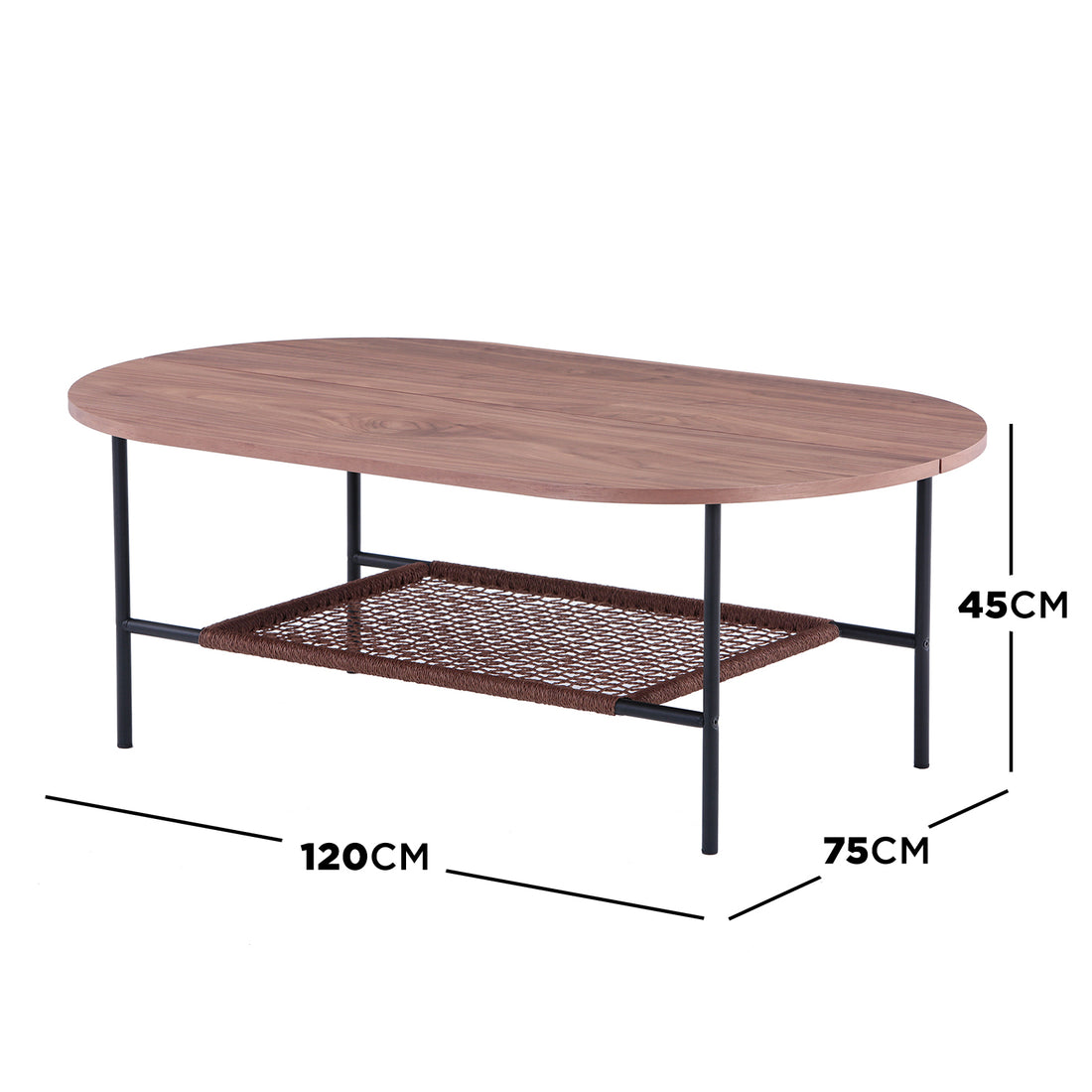 Hakkas Oval Rope Shelf Coffee Table with a modern oval design, featuring a rope shelf underneath and sturdy metal legs, ideal for storing magazines and enhancing living room aesthetics.