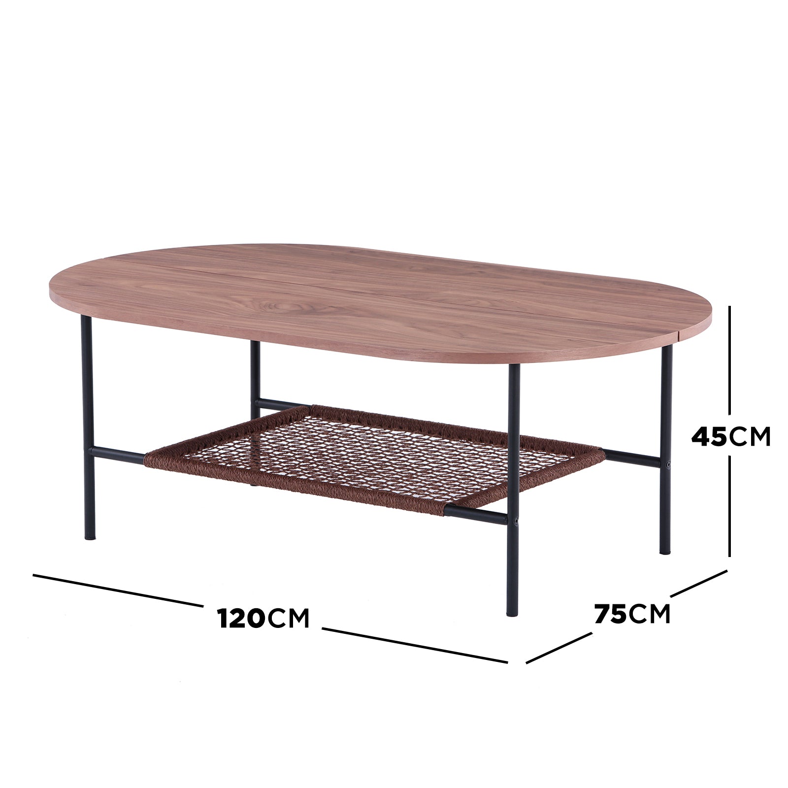Hakkas Oval Rope Shelf Coffee Table with a modern oval design, featuring a rope shelf underneath and sturdy metal legs, ideal for storing magazines and enhancing living room aesthetics.