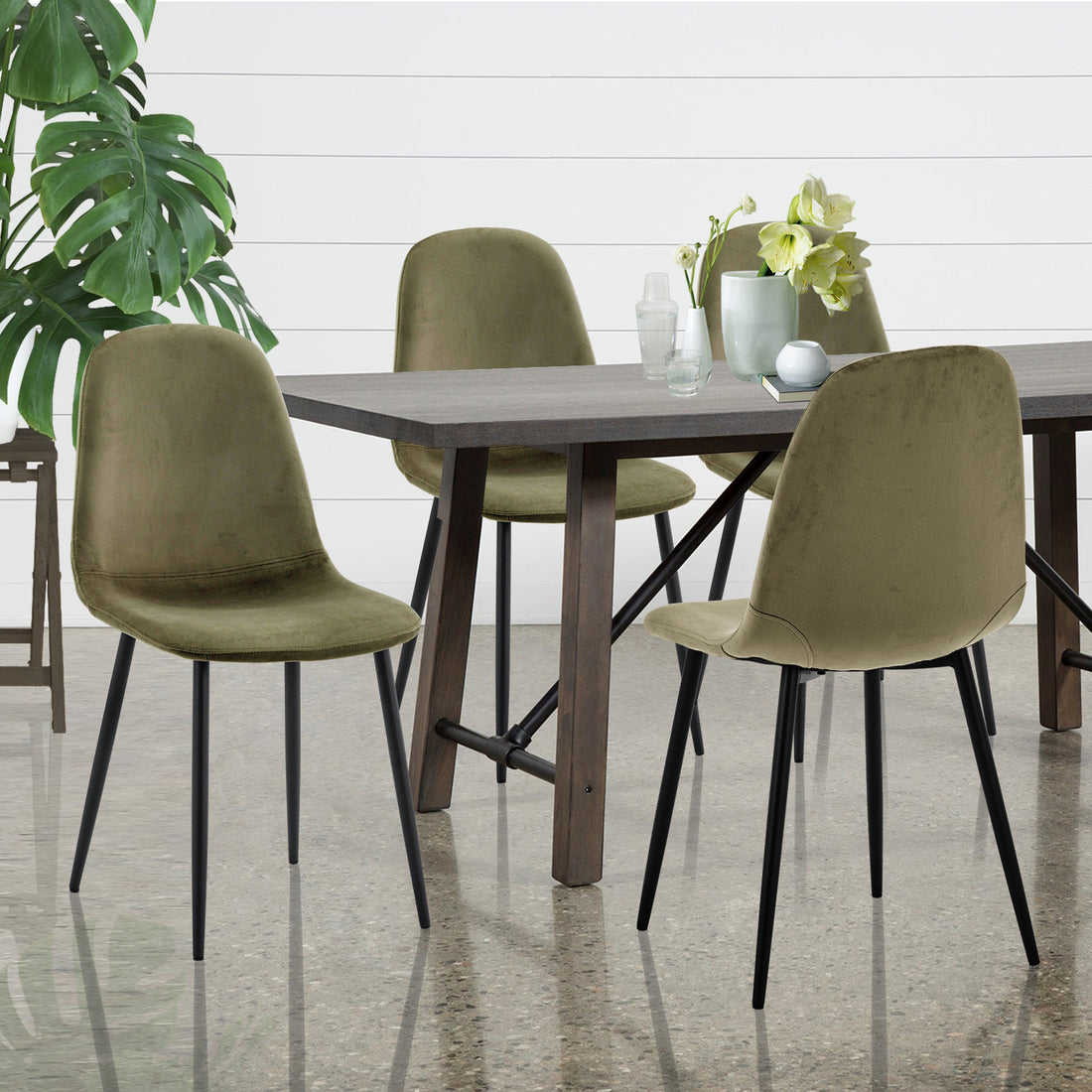 Halsa Velvet Fabric Classic Dining Chair Olive Set of 4, featuring plush velvet upholstery and sturdy metal legs, offers ergonomic support and modern elegance for dining spaces.
