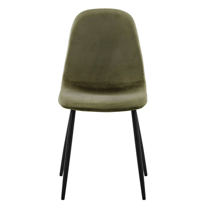 Halsa Velvet Fabric Classic Dining Chair Olive Set of 4 showcases sleek black legs supporting plush, velvet-upholstered seats, blending modern elegance with classic design for an inviting dining experience.