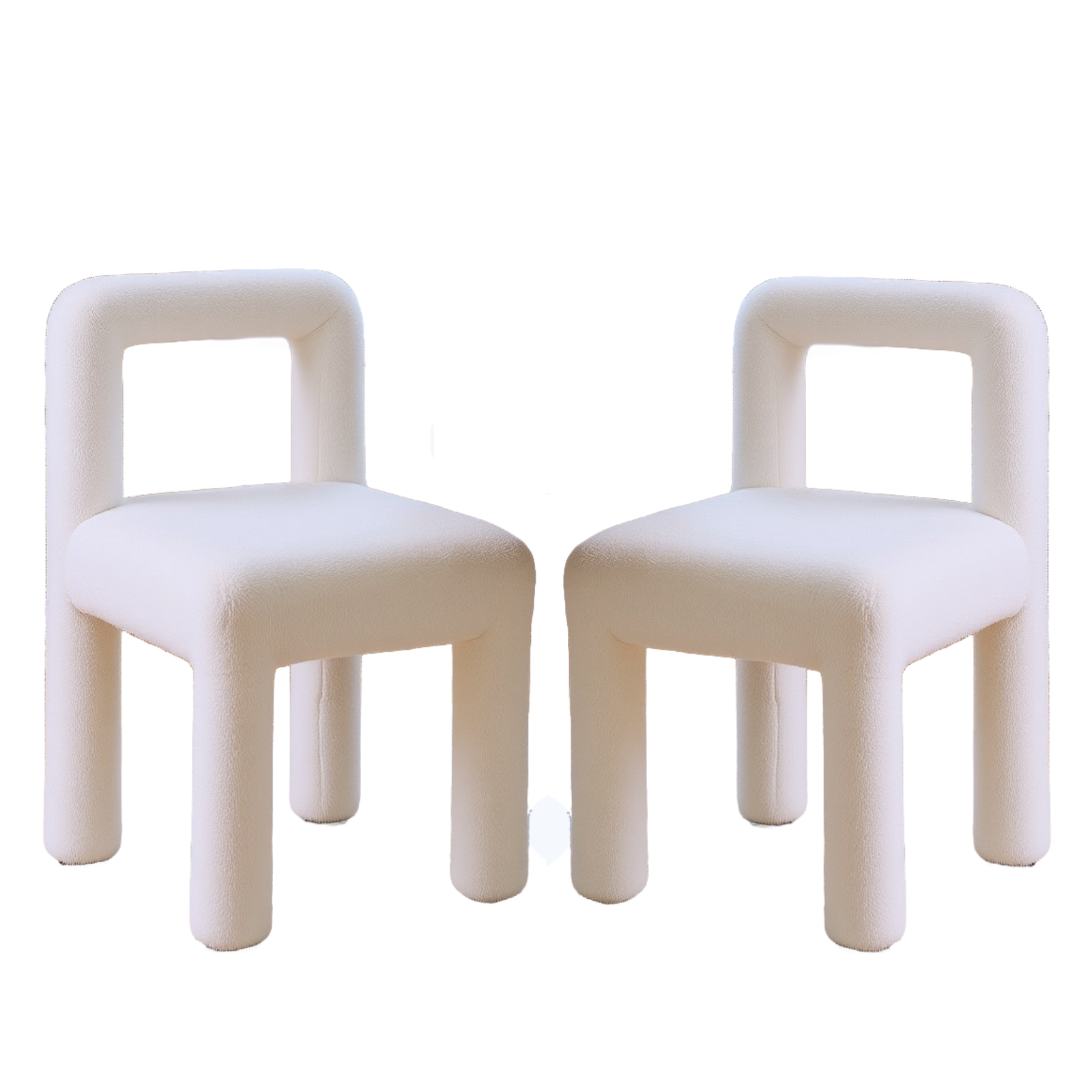 Hazel Boucle Dining Chair Set of 2 in Cream White features modern square open-frame backrests, thick cushioned seats, and cylindrical legs, all upholstered in textured off-white boucle fabric.