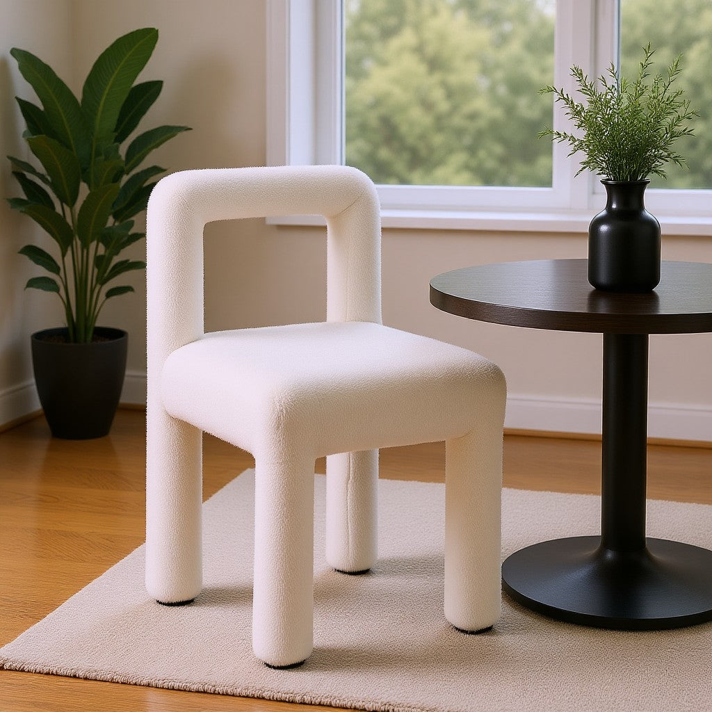 Hazel Boucle Dining Chair Set of 2 in Cream White features a low, upholstered design with rounded, tubular legs beside a black side table and houseplant, set on a neutral rug over hardwood flooring.