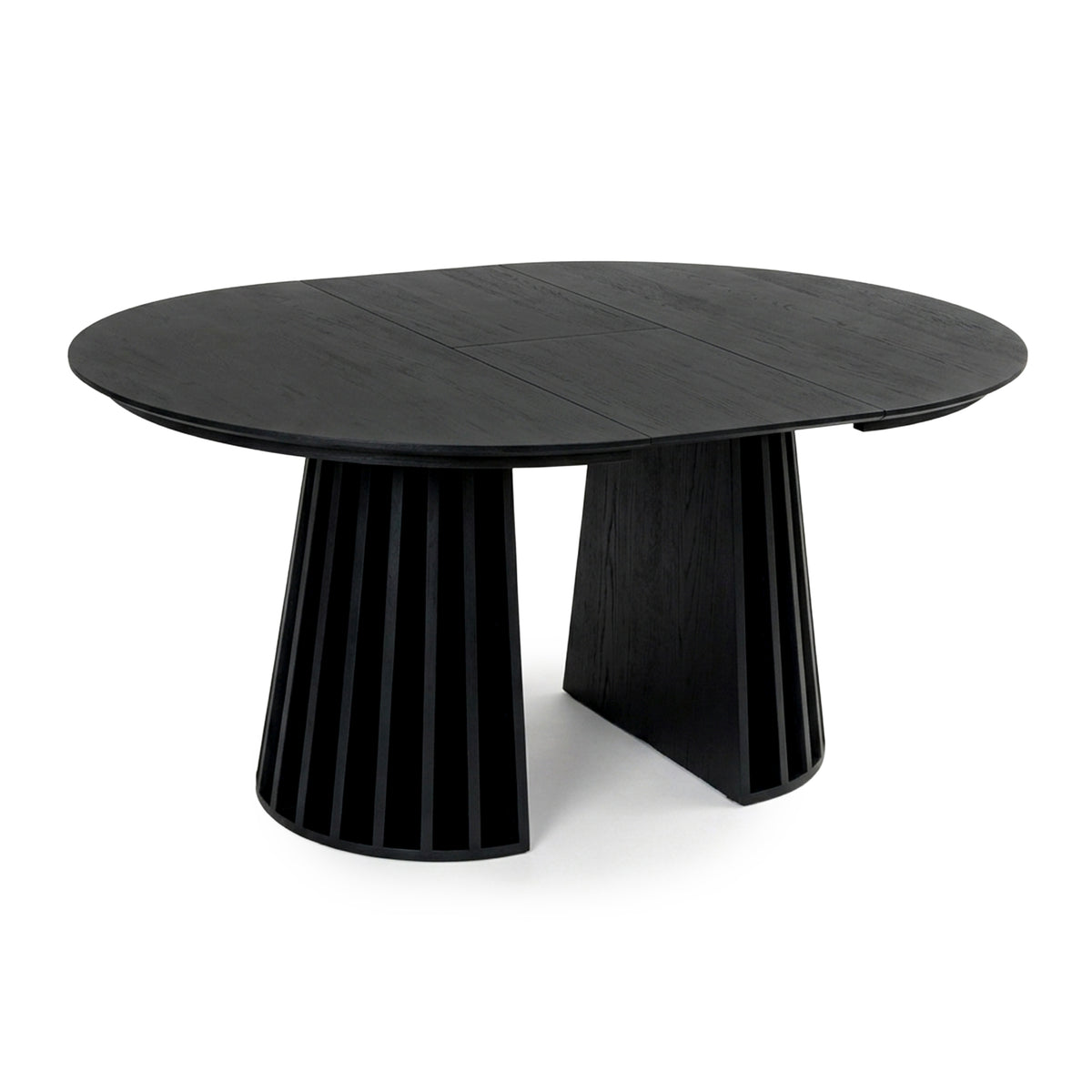 Modern black round dining table with slatted base on a white background