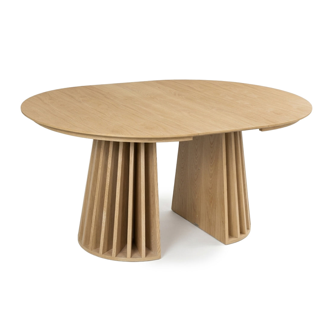 Modern oval wooden table on a white background with a sculptural slatted base