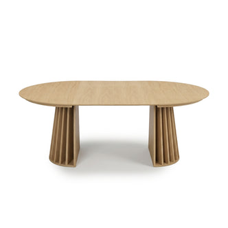 Front-facing wooden dining table on a white background