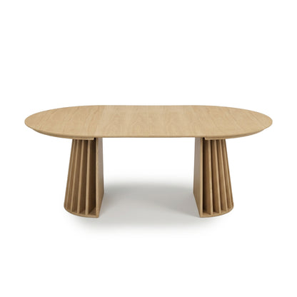 Front-facing wooden dining table on a white background