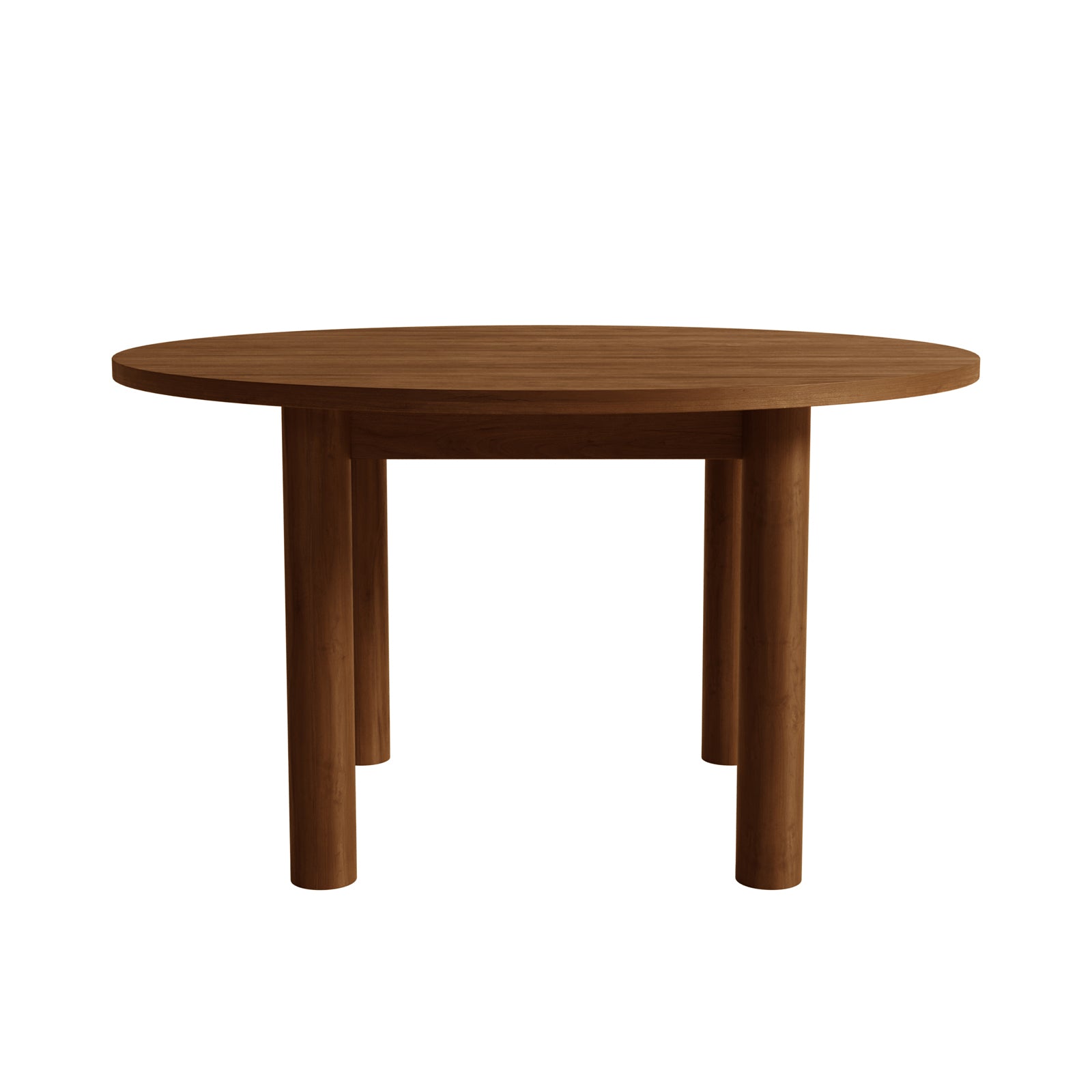 Hudson 80cm Round Hardwood Coffee Table in Walnut features a smooth, circular tabletop and four cylindrical legs, showcasing a minimalist design ideal for versatile living spaces.
