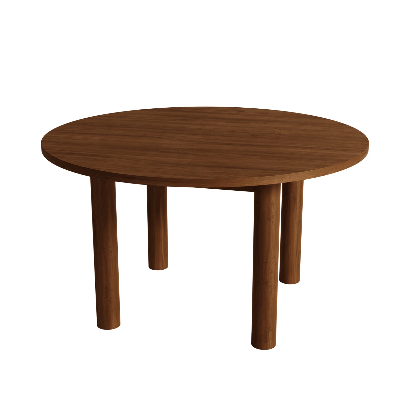 Hudson 80cm Round Hardwood Coffee Table in Walnut features a circular wooden tabletop with four cylindrical legs, showcasing a modern design perfect for enhancing various living spaces.