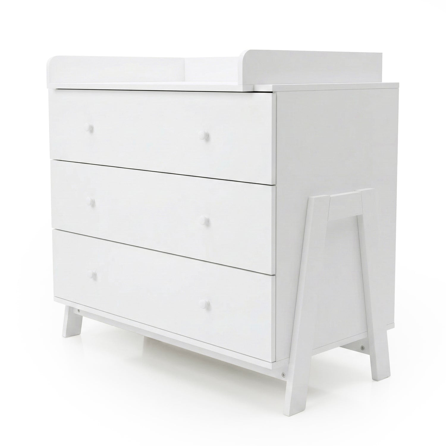 White three-drawer dresser with changing table on white background