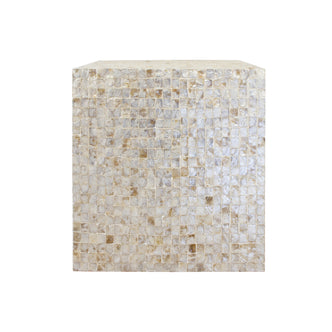 Irene Mother of Pearl Inlay Side Table in Cream, showcasing a cube-shaped design with small, iridescent tiles in a geometric pattern, offering elegant versatility and functionality for any room.