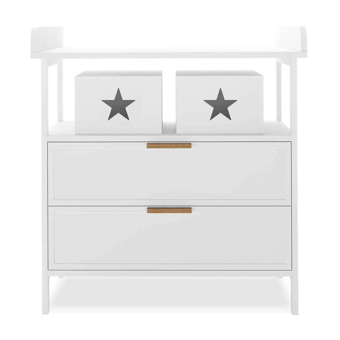 Isabella 2-Drawer Solid Pine Nursery Change Table - White with two deep drawers and star-shaped handles, featuring a spacious tray top with raised edges and removable storage boxes on a white background.