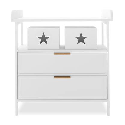 Isabella 2-Drawer Solid Pine Nursery Change Table - White with two deep drawers and star-shaped handles, featuring a spacious tray top with raised edges and removable storage boxes on a white background.