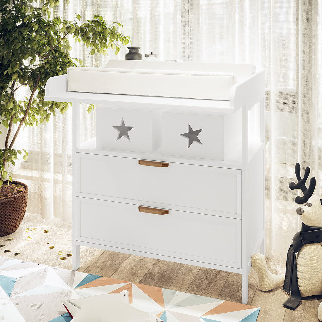Isabella 2-Drawer Solid Pine Nursery Change Table - White, featuring a close-up of its smooth surface, high safety rails, and drawer handles, highlighting its sturdy build and elegant design.