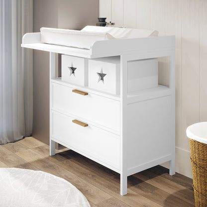 Isabella 2-Drawer Solid Pine Nursery Change Table - White, featuring deep drawers and a spacious tray top with raised edges, providing practical storage and safety in a sleek, modern design.