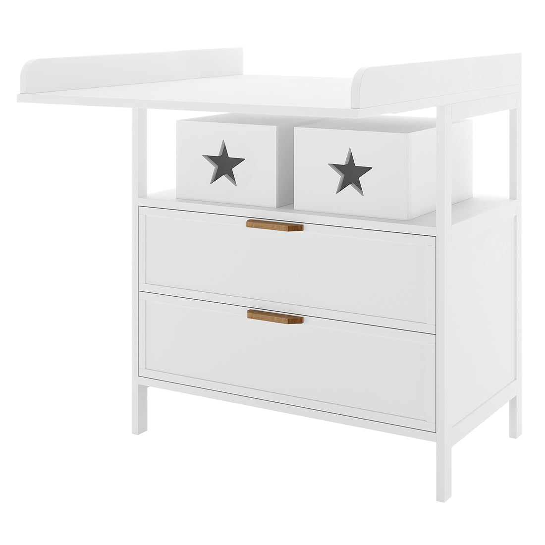 Isabella 2-Drawer Solid Pine Nursery Change Table – White, features a sleek design with star cut-out storage boxes, two spacious drawers, and a raised-edge tray top for safety and convenience.
