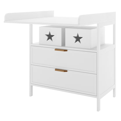 Isabella 2-Drawer Solid Pine Nursery Change Table – White, features a sleek design with star cut-out storage boxes, two spacious drawers, and a raised-edge tray top for safety and convenience.