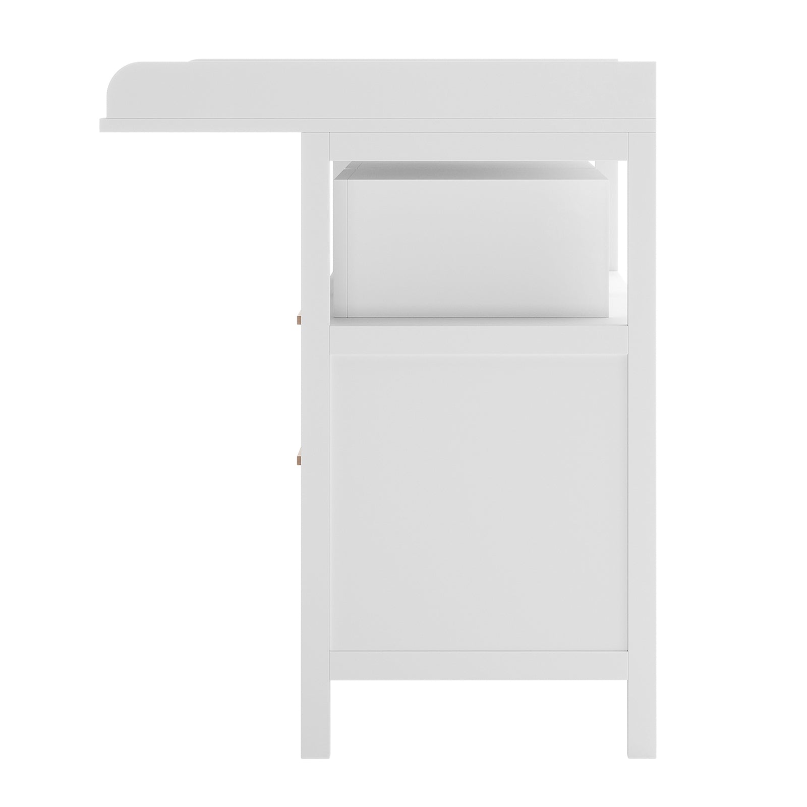Isabella 2-Drawer Solid Pine Nursery Change Table - White, featuring a sleek design with black border accents, two spacious drawers, and high safety rails, crafted for functionality and style in nurseries.
