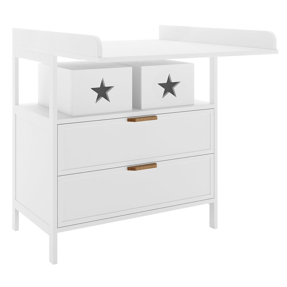 Isabella 2-Drawer Solid Pine Nursery Change Table - White, featuring two deep drawers and star-shaped removable storage boxes, designed for functionality and style with high safety rails and a spacious tray top.
