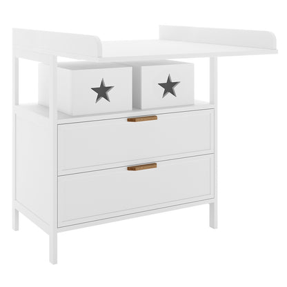 Isabella 2-Drawer Solid Pine Nursery Change Table - White, featuring two deep drawers and star-shaped removable storage boxes, designed for functionality and style with high safety rails and a spacious tray top.