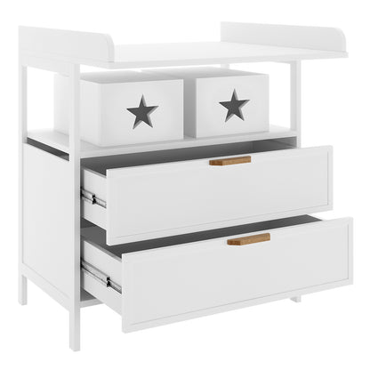 Isabella 2-Drawer Solid Pine Nursery Change Table - White featuring two deep drawers, wooden handles, and two removable star-shaped storage boxes, offering both functionality and charming design for a nursery setting.