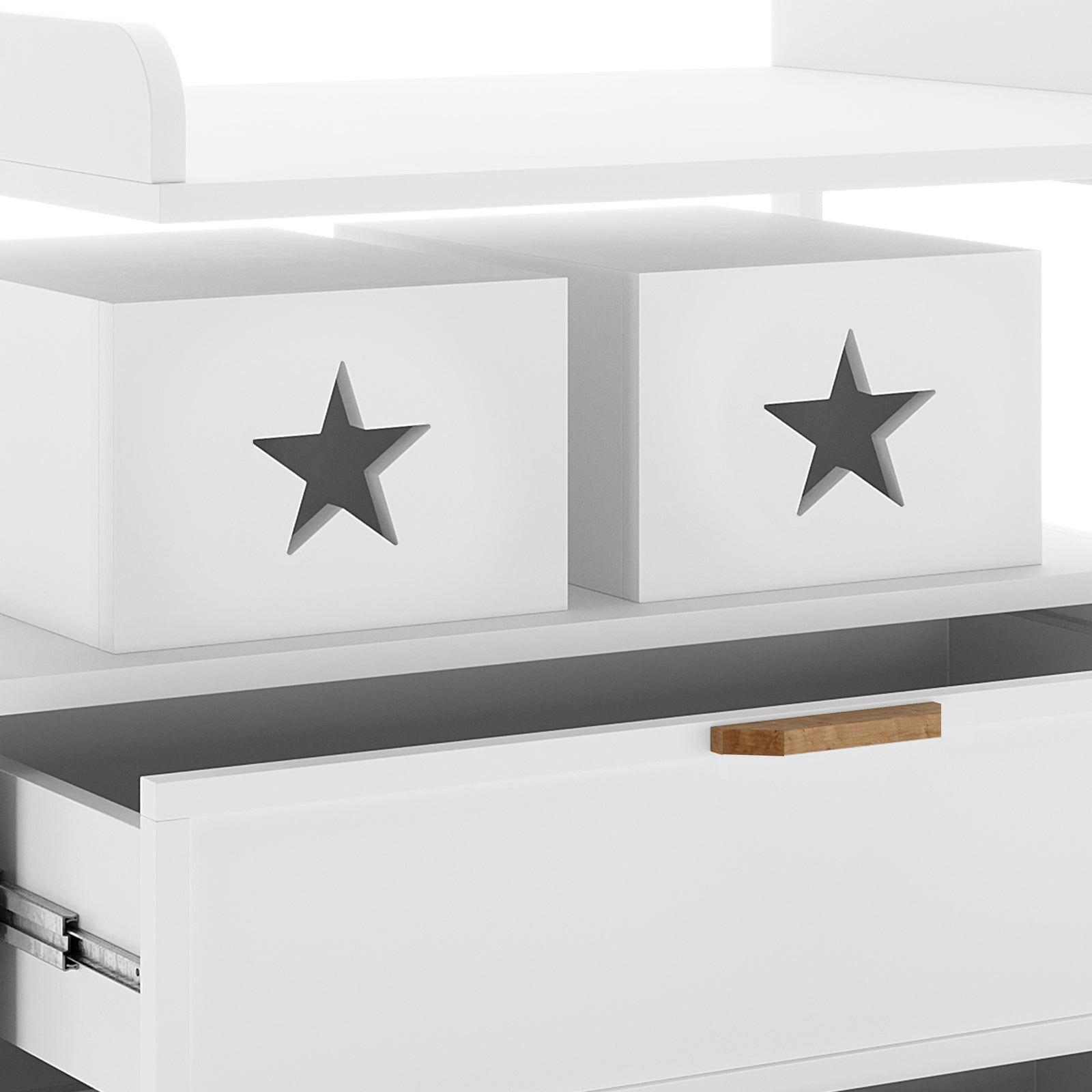 Isabella 2-Drawer Solid Pine Nursery Change Table - White features a smooth white finish, star-shaped cutout handles, spacious tray top, and deep drawers, highlighting its modern design and functionality.