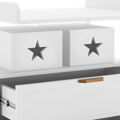 Isabella 2-Drawer Solid Pine Nursery Change Table - White features a smooth white finish, star-shaped cutout handles, spacious tray top, and deep drawers, highlighting its modern design and functionality.