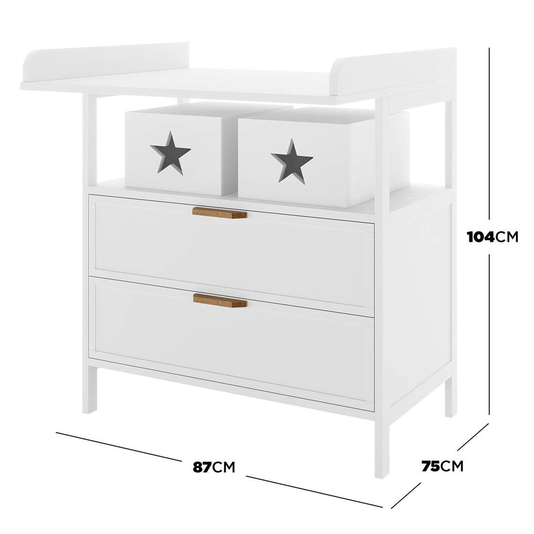 Isabella 2-Drawer Solid Pine Nursery Change Table - White, featuring a sleek design with star cut-out storage boxes, two deep drawers, and a spacious, safety-railed top for efficient baby care.