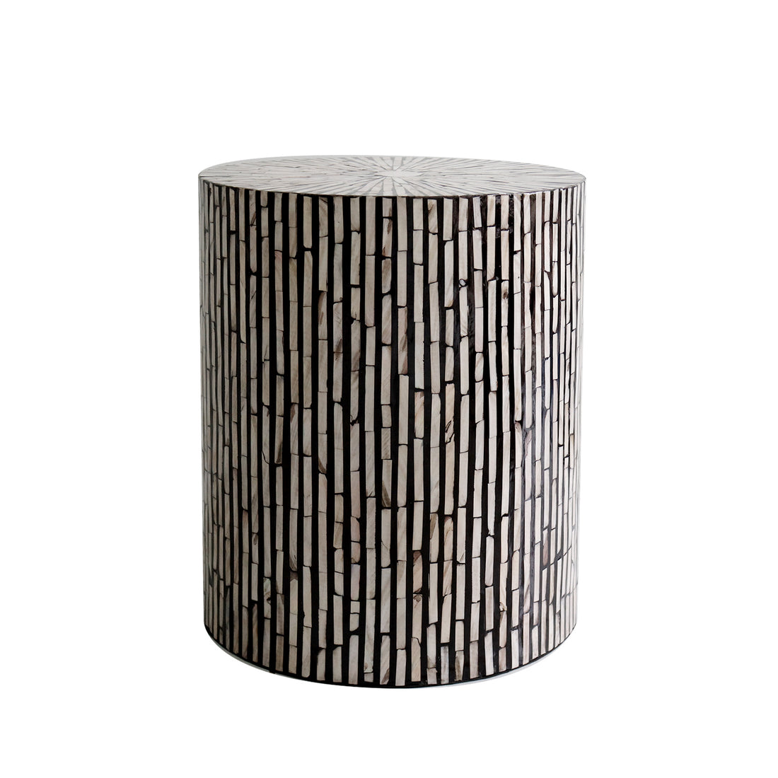 Ivo Mother of Pearl Inlay Side Table in Ivory & Black, featuring a cylindrical design with intricate vertical mosaic inlay and radial top pattern, offering a unique and elegant accent piece.